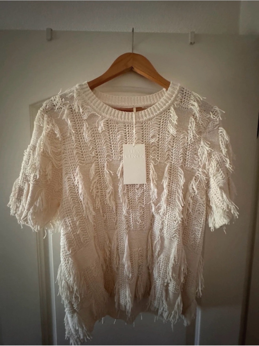 Ulla Johnson Cream Fringed Knit Short-Sleeve Sweater